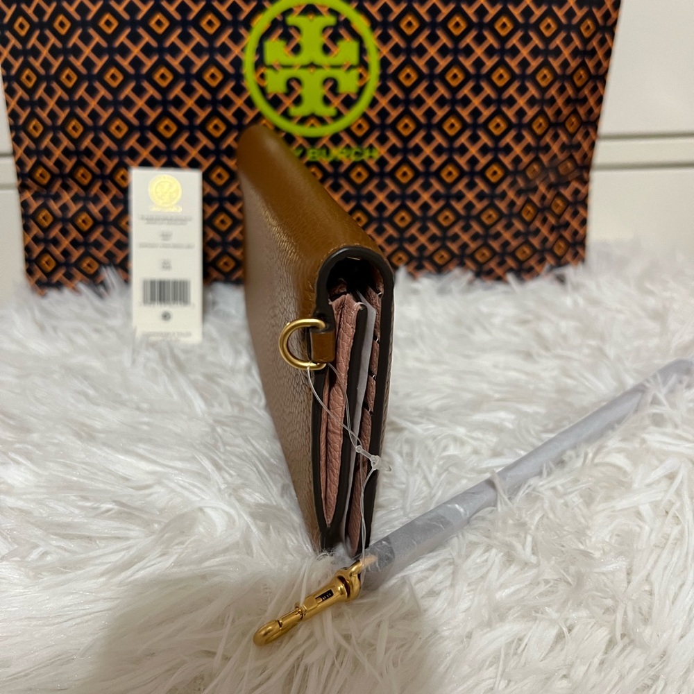 Authentic Tory Burch Blake Color-Block Slim Wristlet Envelope Brand New- Brown - Picture 6 of 8